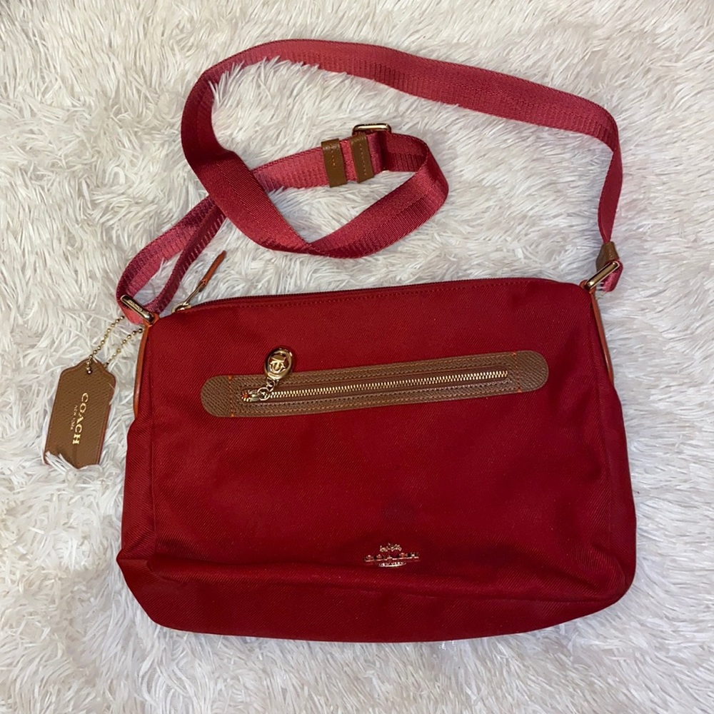 Coach Red Canvas & brown leather bag adjustable shoulder strap